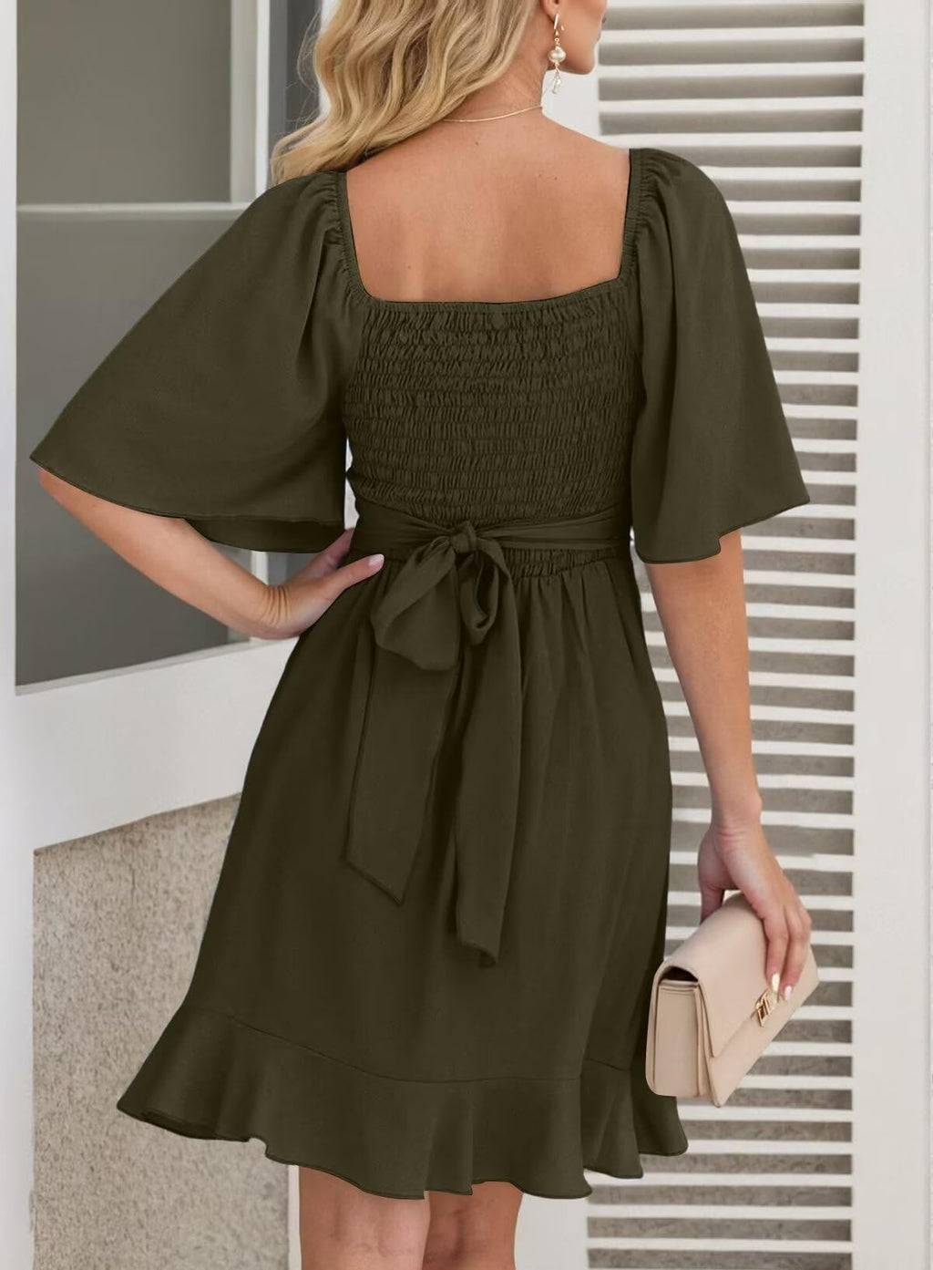 Dokotoo Women's Wrap V Neck Short Sleeve Smocked Elastic Waist Tiered Belted Ruffle Hem Mini Dress Cocktail Dresses for Women Wedding Guest Dress Moss Green L