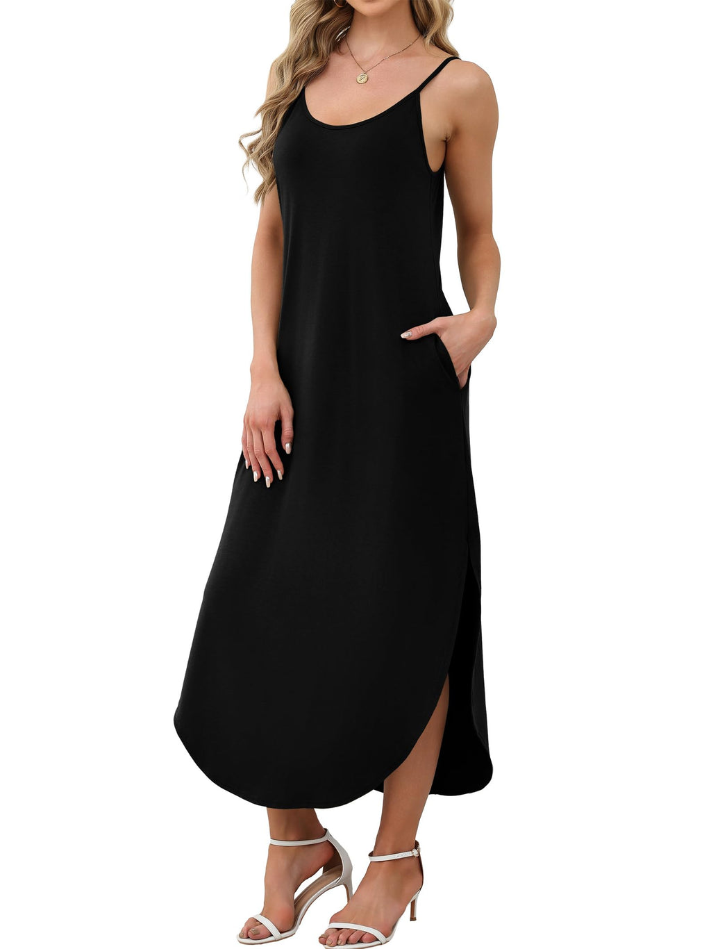 WIHOLL Dresses for Women 2026 Vacation Casual Maxi Summer Dress V Neck Weddging Guest Sundress Church Black L