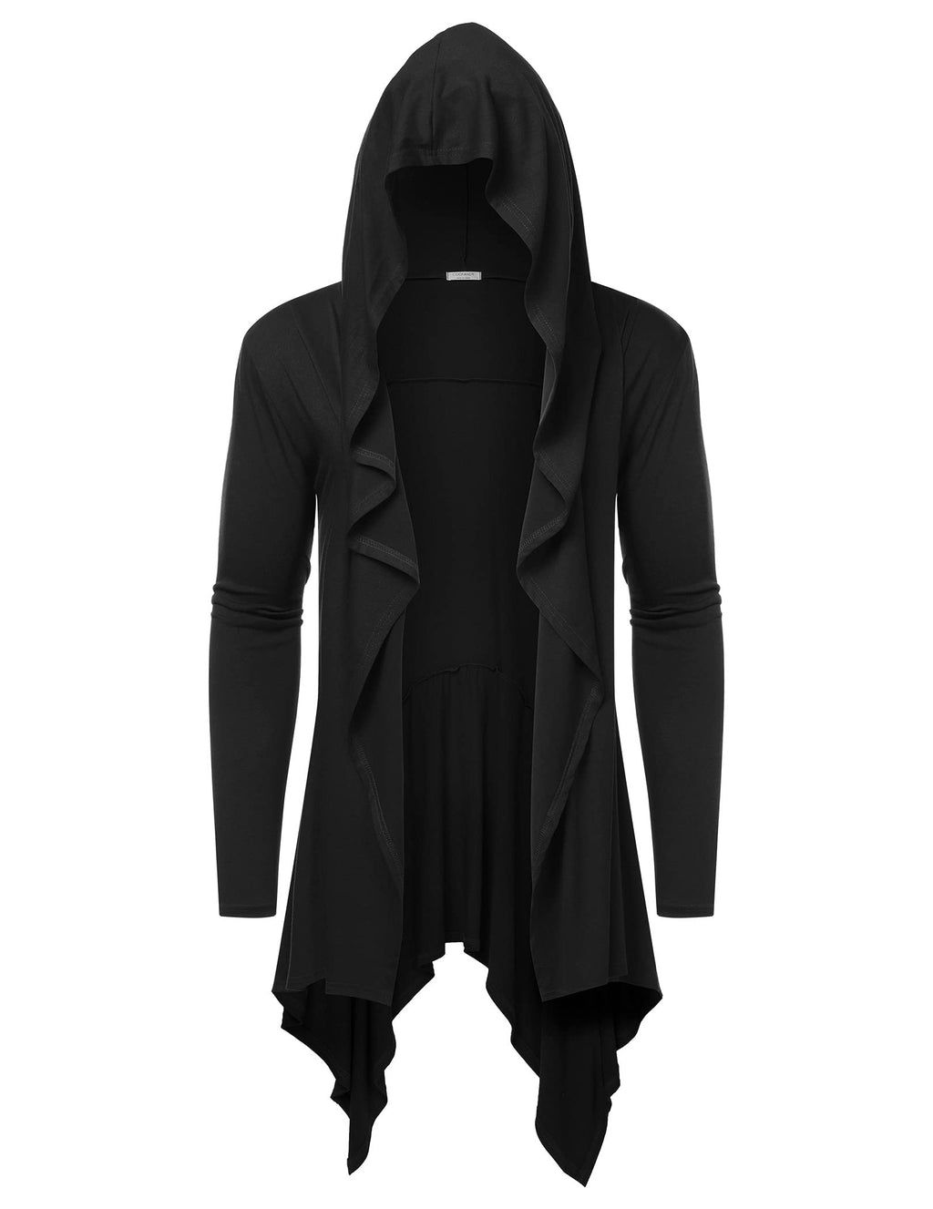 COOFANDY Men's Long Hooded Cardigan Ruffle Shawl Collar Open Front Lightweight Drape Cape Overcoat Pockets, Black, Large