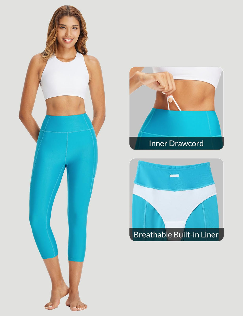 baleaf Women's 20" High Waisted Swim Pants Long Swim Capris UPF50+ Swimsuit with Liner and Pockets Glacier Blue M