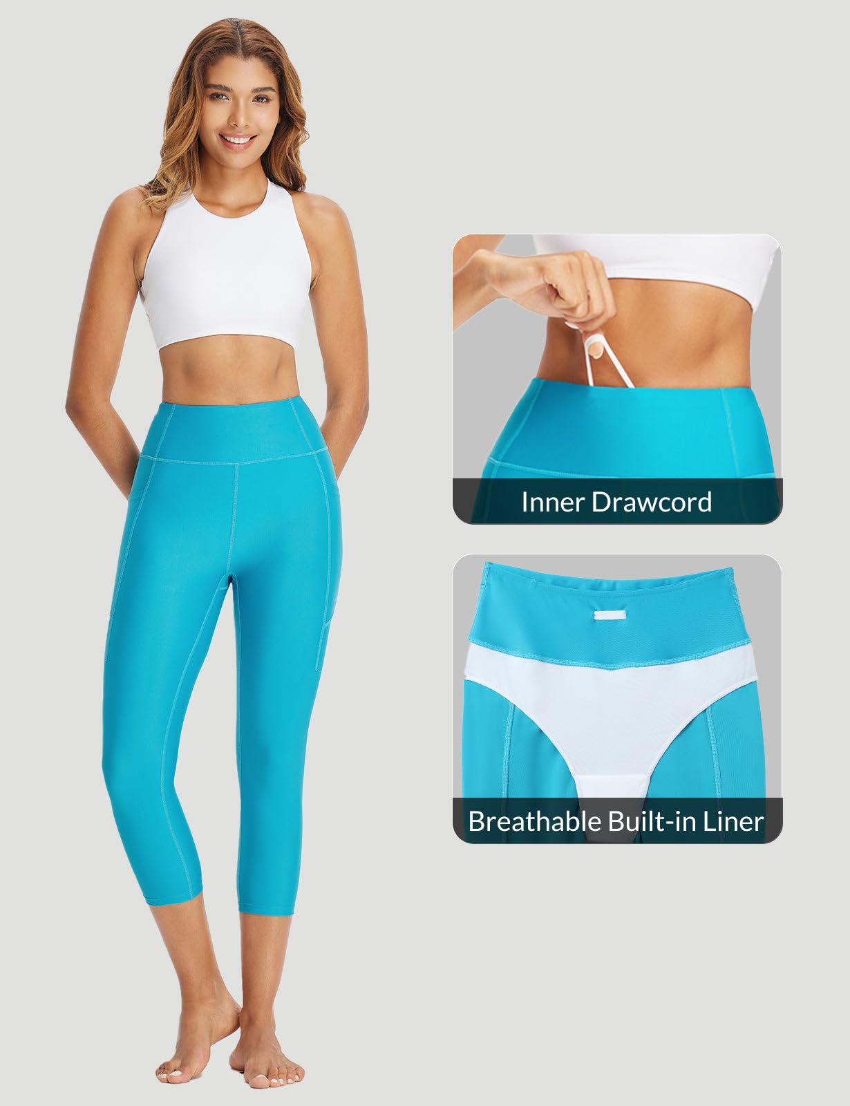 baleaf Women's 20" High Waisted Swim Pants Long Swim Capris UPF50+ Swimsuit with Liner and Pockets Glacier Blue M
