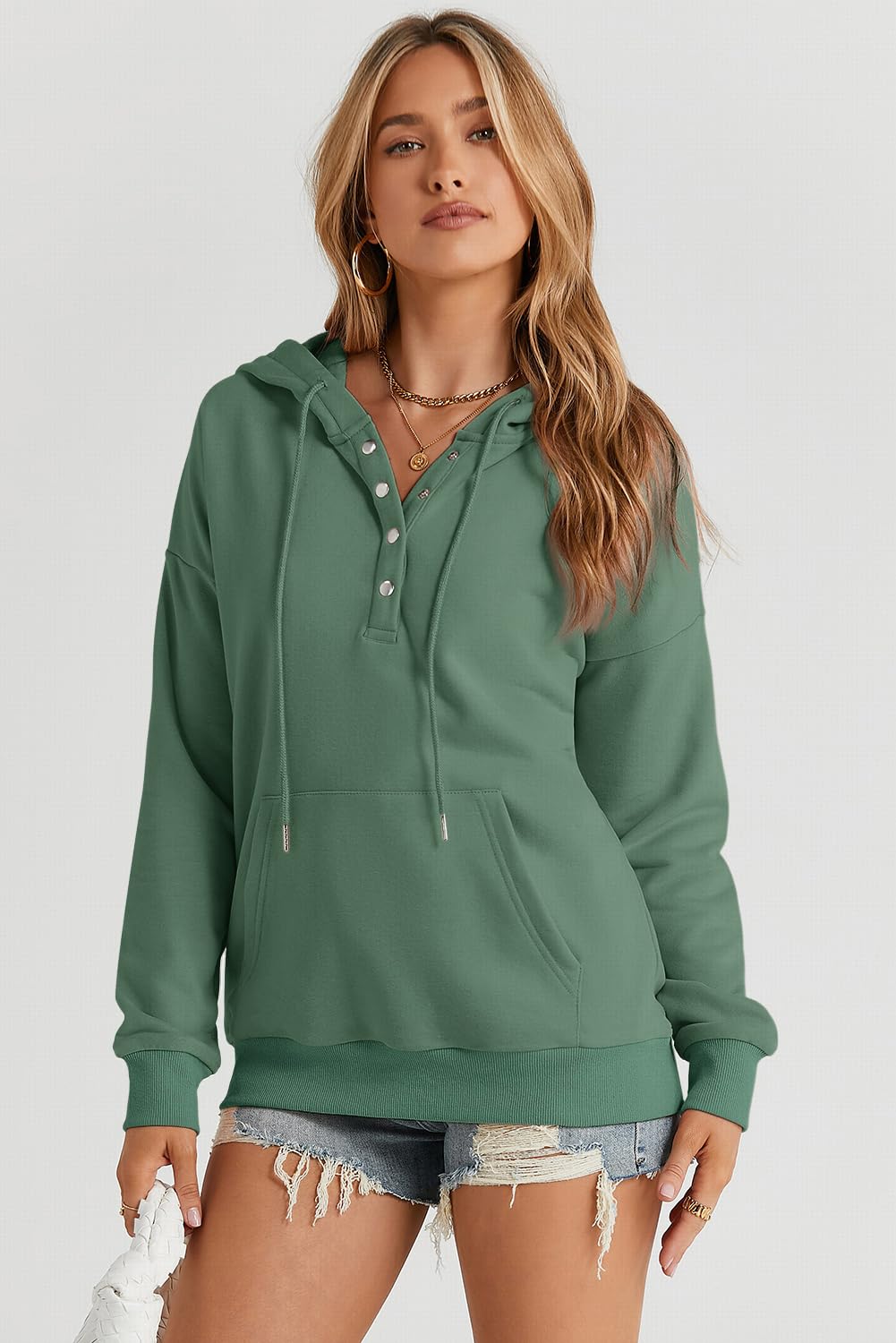 Dokotoo Hoodies for Women Drawstring V Neck Long Sleeve Front Button Collar Hooded Pullover Hoodie with Pockets Christmas Sweatshirt Loose Fit Casual Ladies Shirt Tops Winter Clothing Green Medium