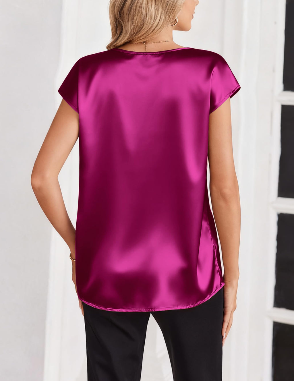 Zeagoo Short Sleeve Womens Tops Casual V Neck Shirts Silk Satin Basic Tees Business Casual Blouses Valentine's Day Clothes Rose Red