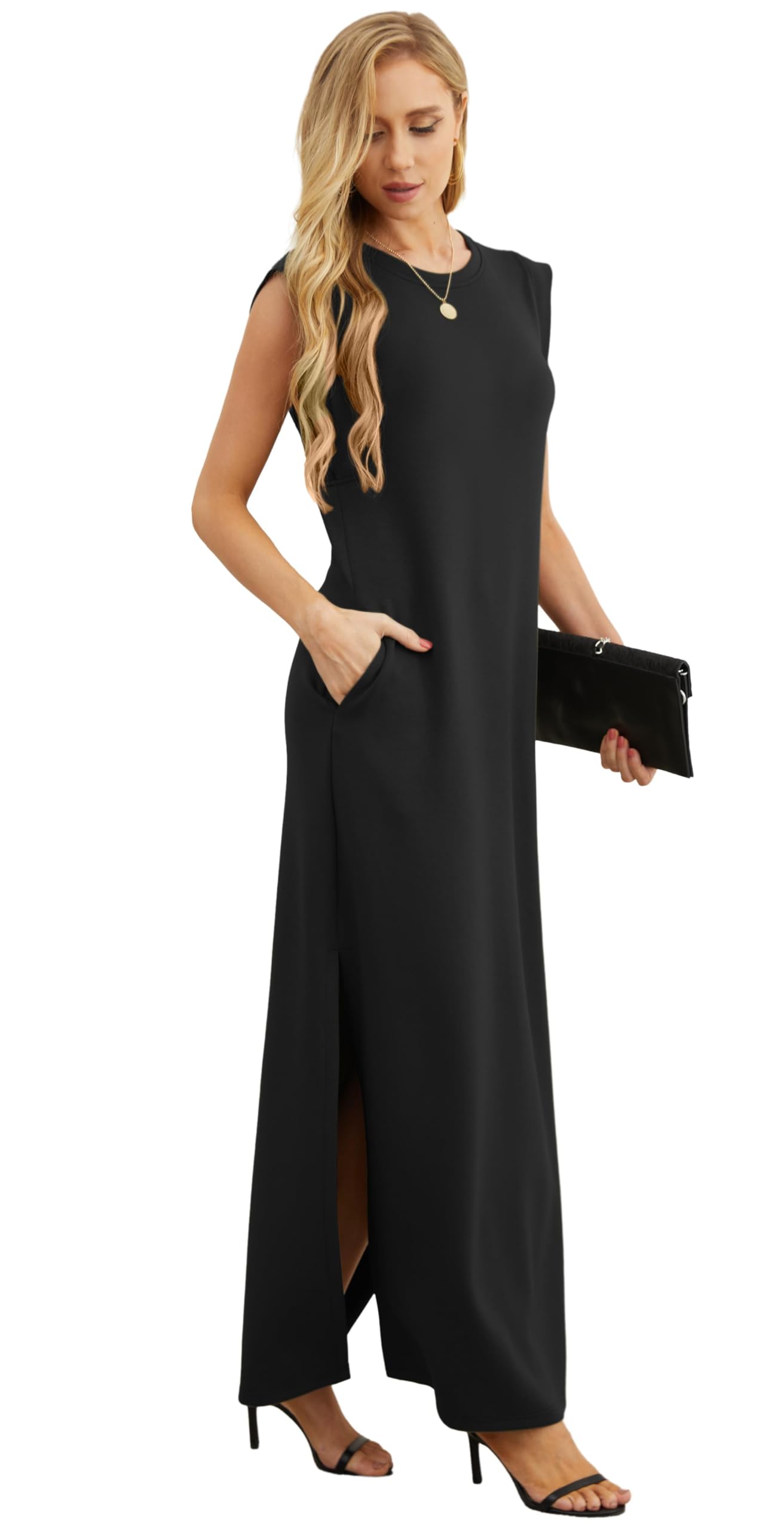 GRECERELLE Women's Summer Crew Neck Loose Split Casual Long Maxi Beach Dress with Pockets (Small, Black)
