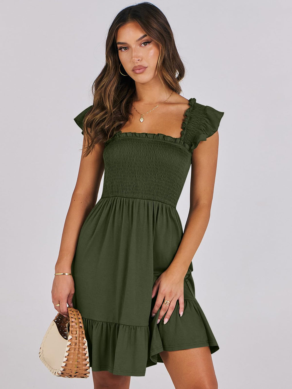 ANRABESS Women's Summer Casual Sleeveless Square Neck Dress 2026 Smocked Ruffle Backless Boho Beach Cute Teen Short Sundress Green Small