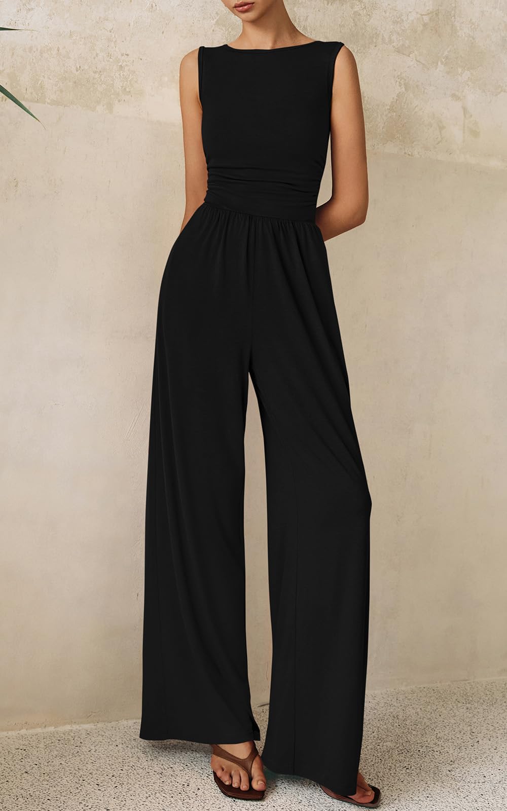 PRETTYGARDEN One Piece Jumpsuits for Women Dressy Casual Sleeveless Crewneck Wide Leg Rompers Jumpers 2026 Vacation Summer Outfits(Black, M)