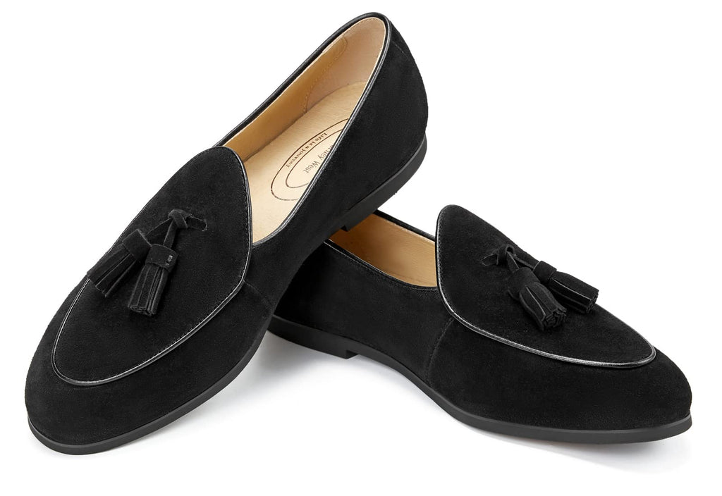 Journey West Men's Tassel Slip-on Loafer Belgian Suede Loafers Casual Leather Shoes for Men Black US 9