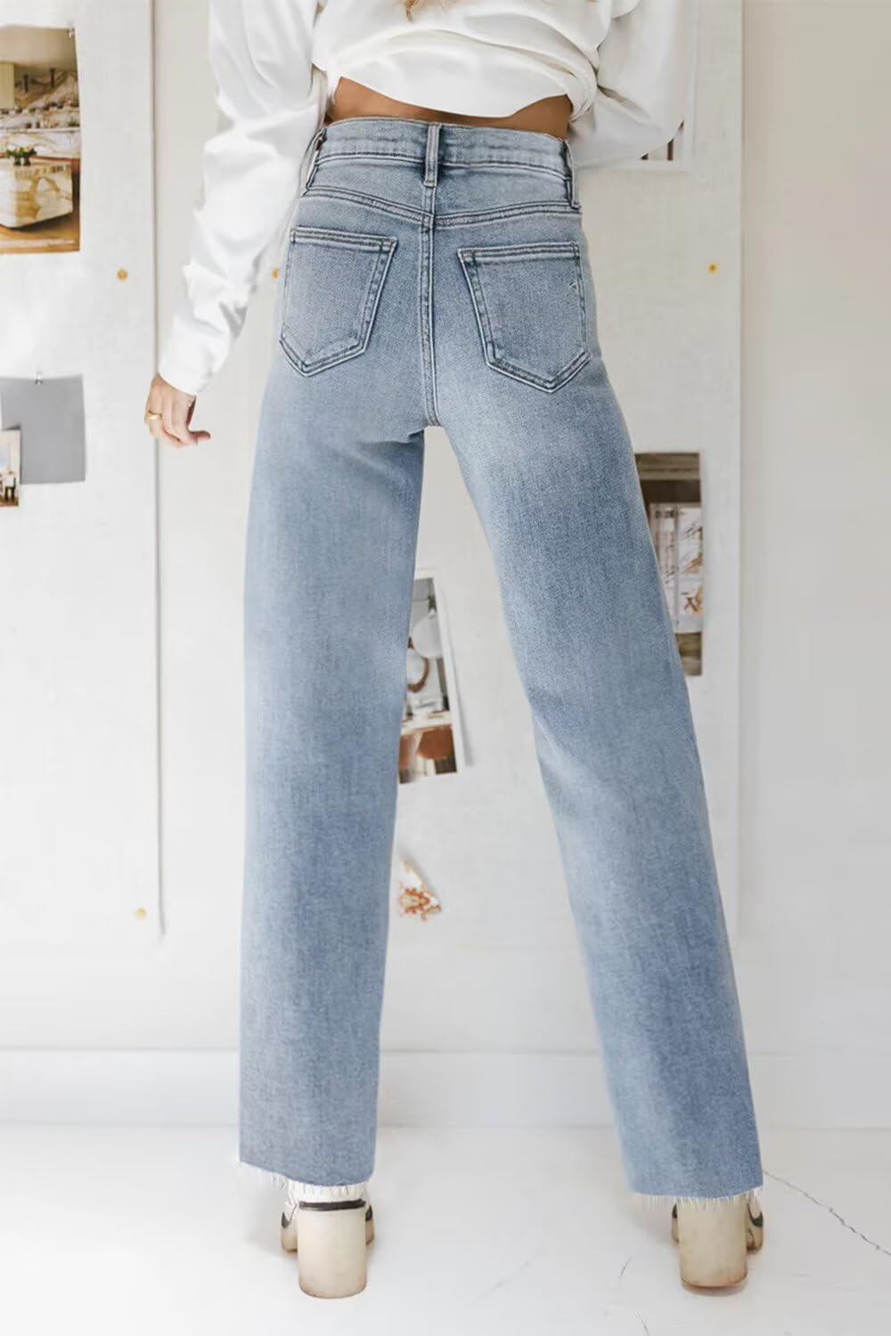 KDF Straight Leg Jeans for Women High Waisted Jeans Frayed Baggy Pants Raw Hem Loose Stretchy Cropped Wide Leg Jeans Light Blue Size 6