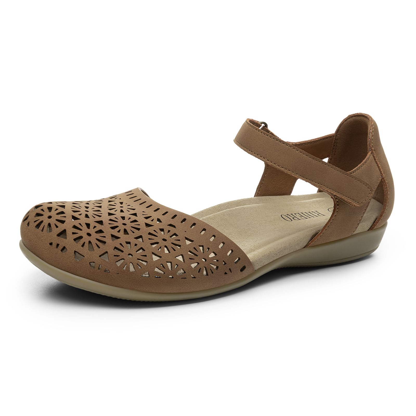 Rihero Summer Closed Toe Sandals Women Orthopedic Cute Beach Sandals for Women Lightweight Non Slip Arch Support Flat Shoes with Adjustable Strap Tan Hollow 7.5