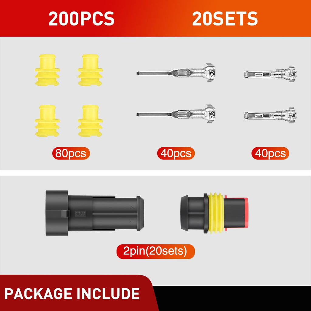 Nilight 200PCS 2 Pin Electrical Connector ‎Plug Male Female Terminal Wire Waterproof Connectors 2 Way Automotive Connect Set for Car Truck Motorcycle Marine Boat 20 Sets