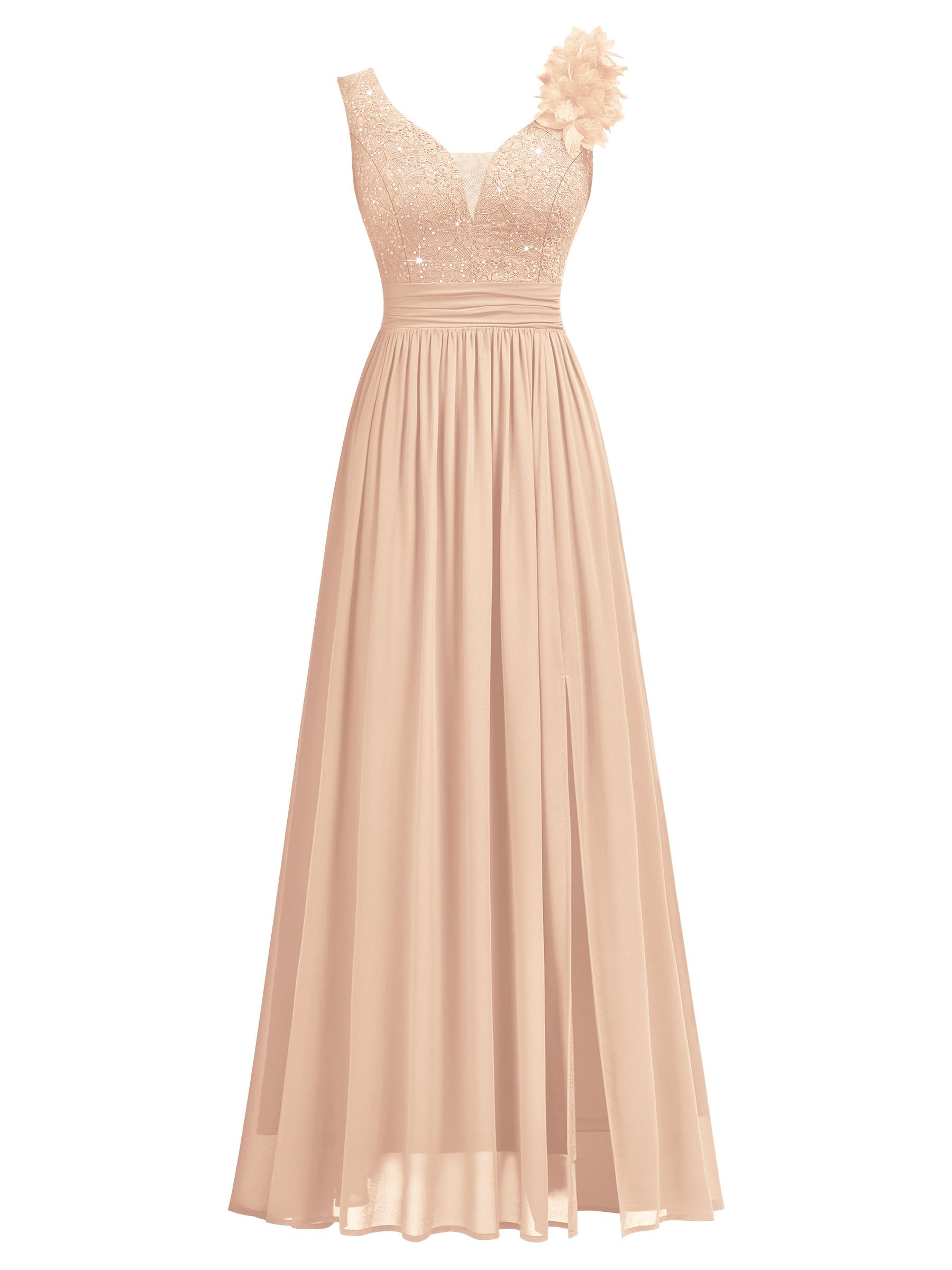 Miusol Women's Vintage V-Neck Sleeveless Sequined Split Formal Evening Maxi Dress (Small, Champagne)