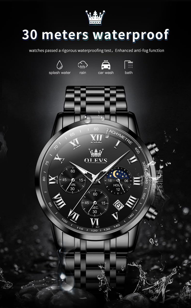 OLEVS Watch Men Luxury Black Watches for Men Dress Luminous Waterproof Analog Quartz Mens Watches with Date Fashion Stainless Steel Large Face Chronograph Moon Phase Classic Wrist Watch for Man