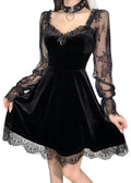 TSMNZMU Women Gothic Velvet Dress - Flared Lace Long Sleeve Midi Dresses - Lolita Fairy Grunge Harajuku Dress Alt Clothes