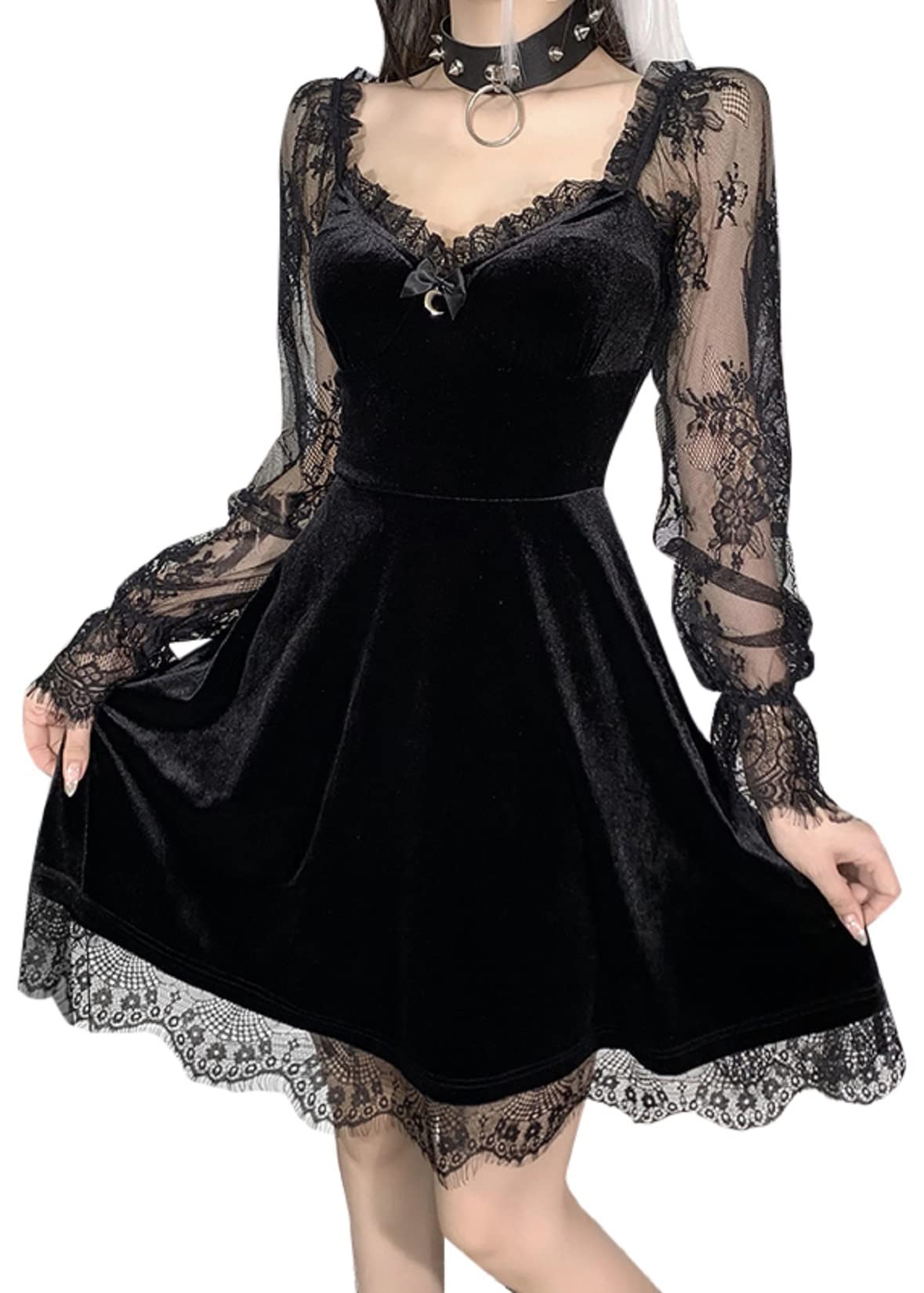 TSMNZMU Women Gothic Velvet Dress - Flared Lace Long Sleeve Midi Dresses - Lolita Fairy Grunge Harajuku Dress Alt Clothes