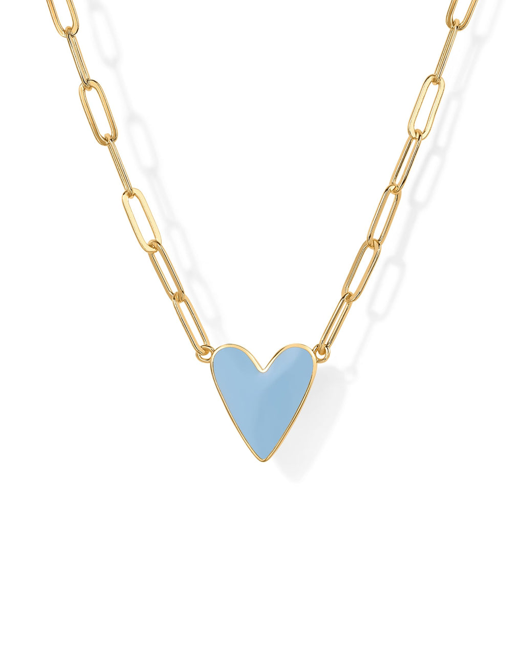 PAVOI 14K Yellow Gold Plated Heart Blue Enamel Pendant Necklace for Women | Love Paperclip Chain Necklaces | Blue Enamel Heart Pendants - Valentines Day Trendy Jewelry