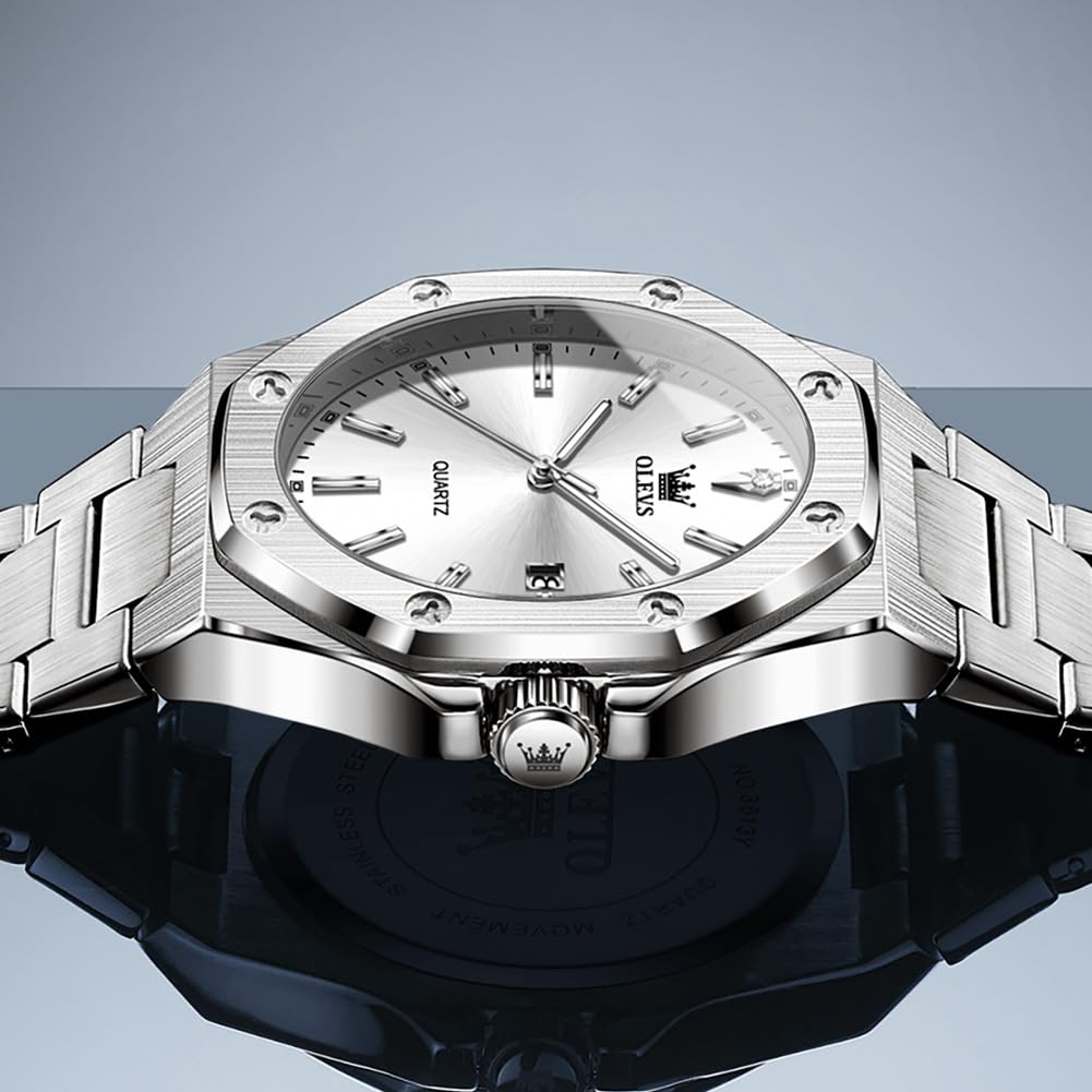 OLEVS Watch Men Luxury Silver Stainless Steel Dress Wrist Analog Quartz Waterproof Watches for Men Fashion Luminous Nice Large Face Minimalist Mens Watches Relojes para Hombres