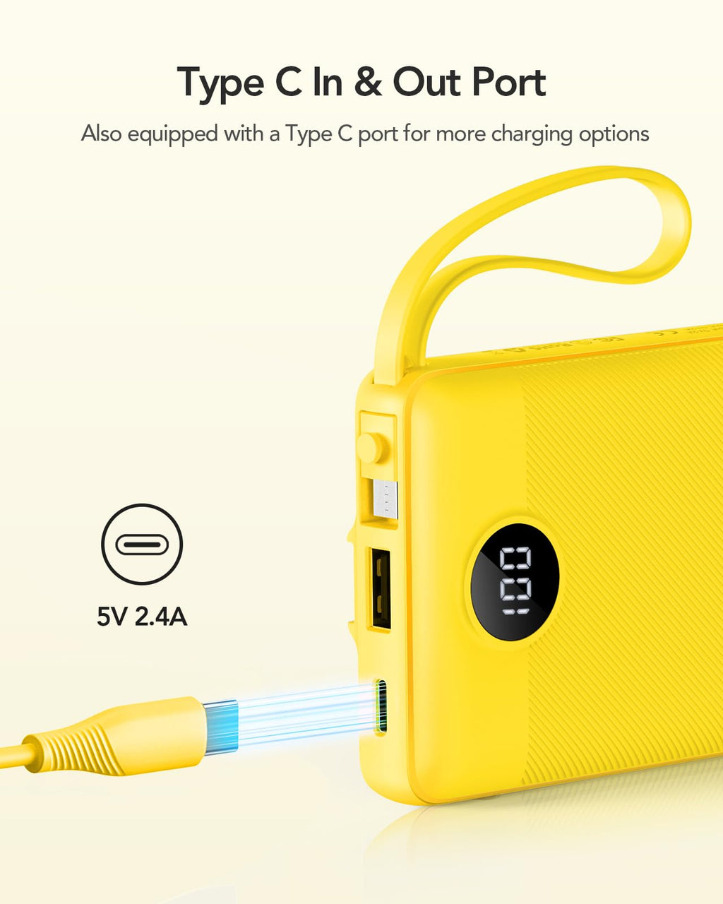 VRURC Portable Charger with Built-in Cables, USB C Portable Phone Charger 10000mAh, Lightweight Power Bank with 5 Output 2 Input Compatible with iPhone 17 16 15 13,Samsung,Android etc-Yellow(1 Pack)