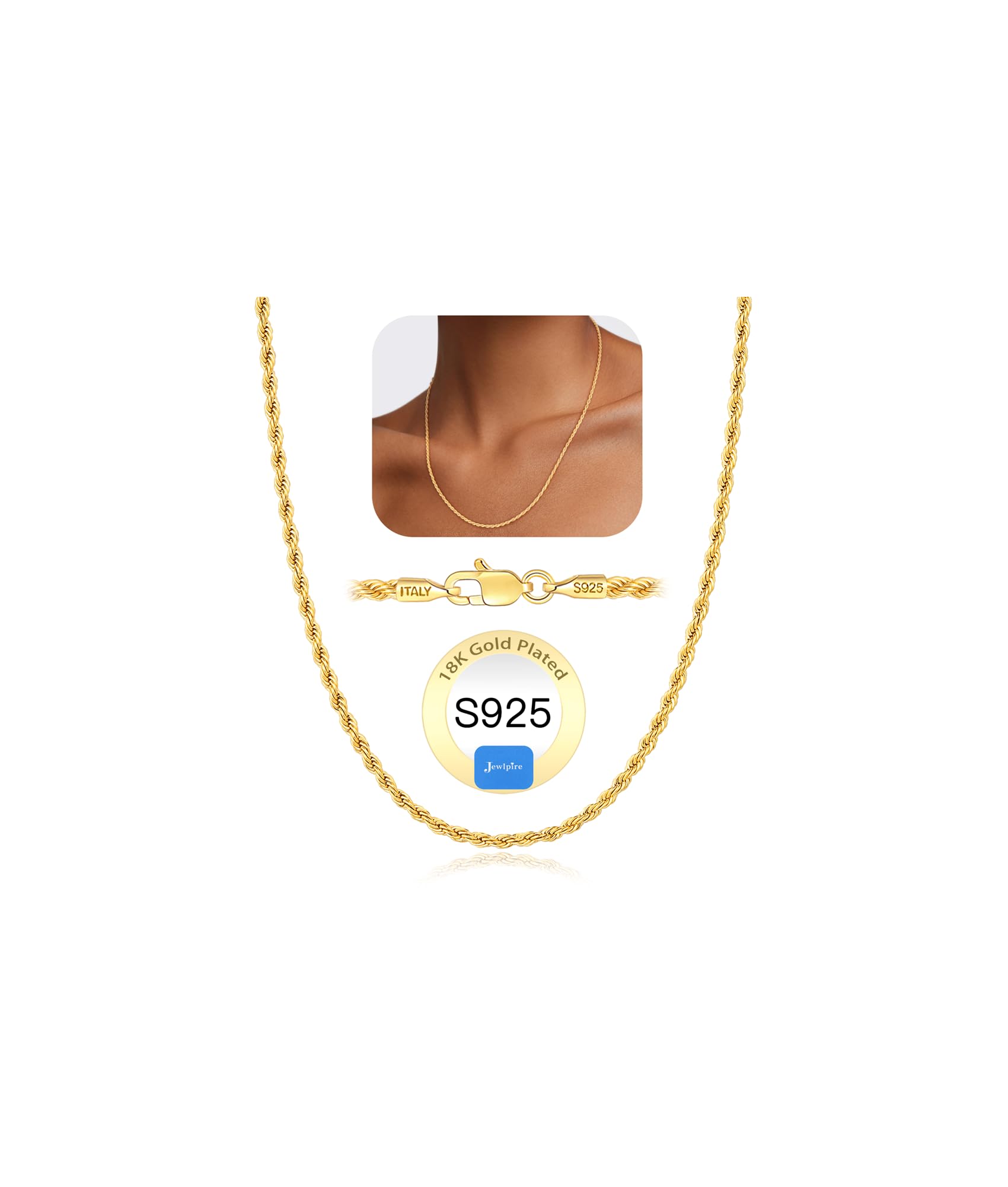 Jewlpire 18k Gold Plated Chain Necklace for Women, 2mm Rope Chains 18k Gold Plated Chain for Women Shiny & Comfortable & Sturdy Womens Chains Necklace 26 Inch