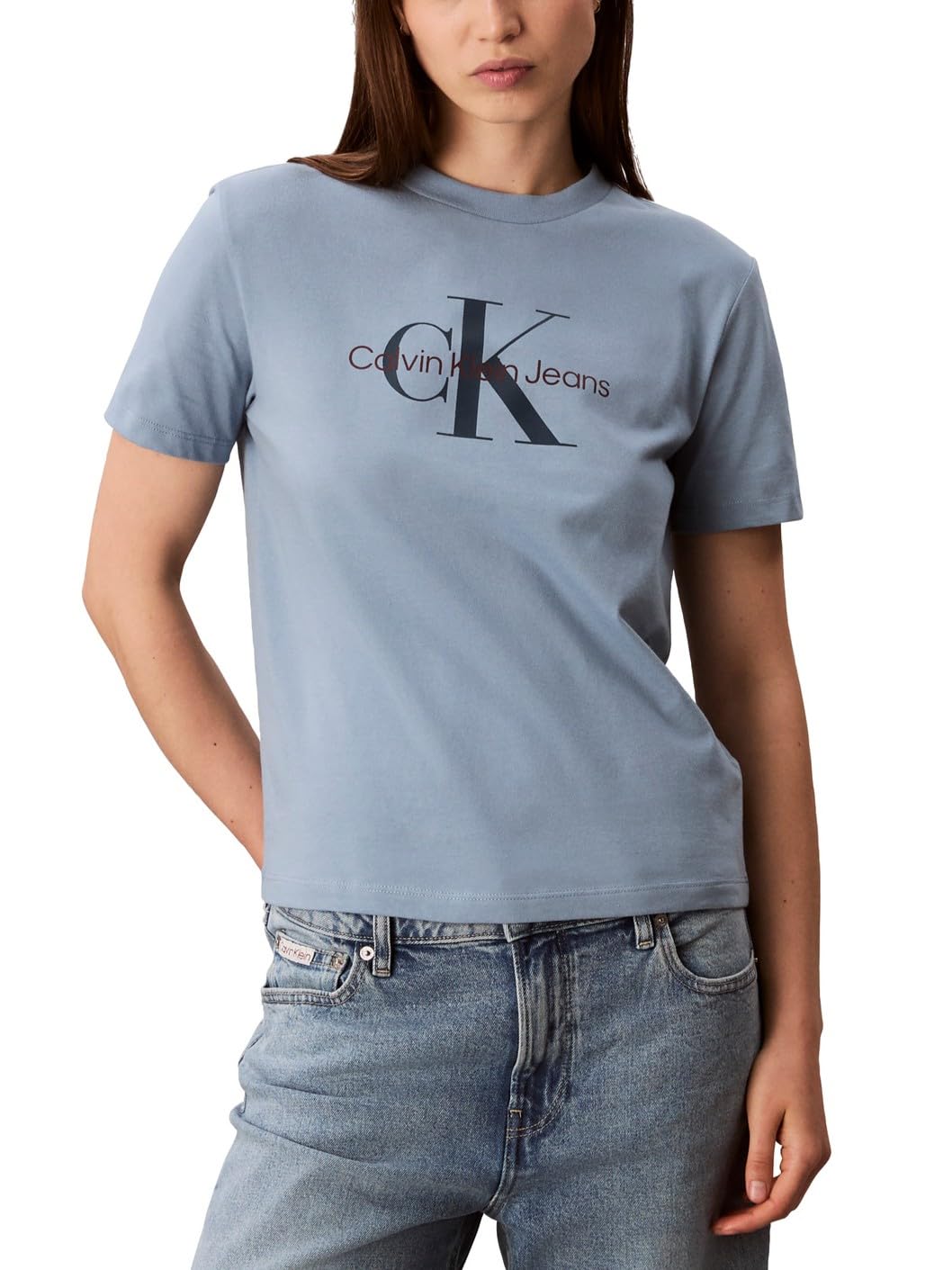 Calvin Klein Women's Monogram Logo Crewneck T-Shirt Faded Denim