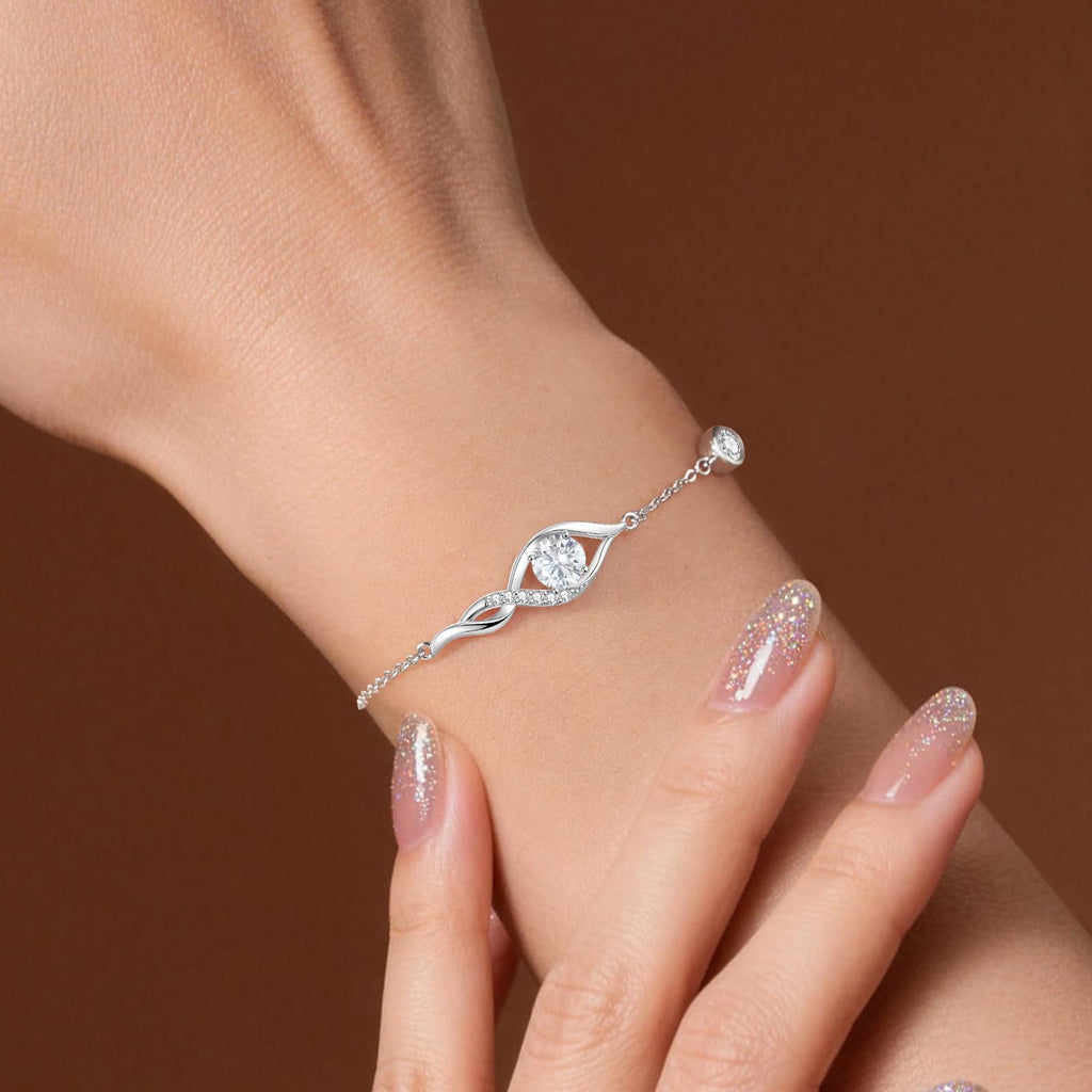 ANDSO Moissanite Infinity Bracelets for Women, 18K Gold Plated/ Rhodium Plating Bracelet, Adjustable Anniversary Birthday Mothers Day Christmas Valentines Jewelry Gifts for Wife Her Mom (White Gold Plating Round)