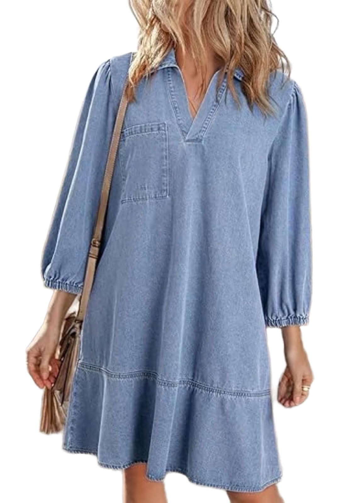 CHARTOU Women 3/4 Sleeve Ruffle Denim Dress Summer Collared V Neck Loose Shirt Jean Dress with Pockets (Large, Light Blue)