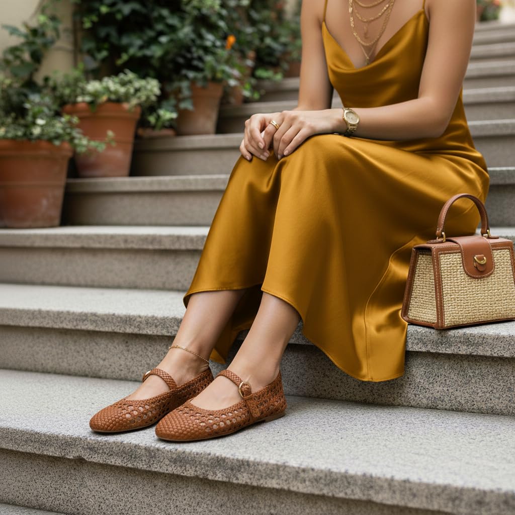 CUSHIONAIRE Windsor Woven Womens Flats with Adjustable Strap – Comfortable Mary Jane Ballet Flats for Women, Cognac 6