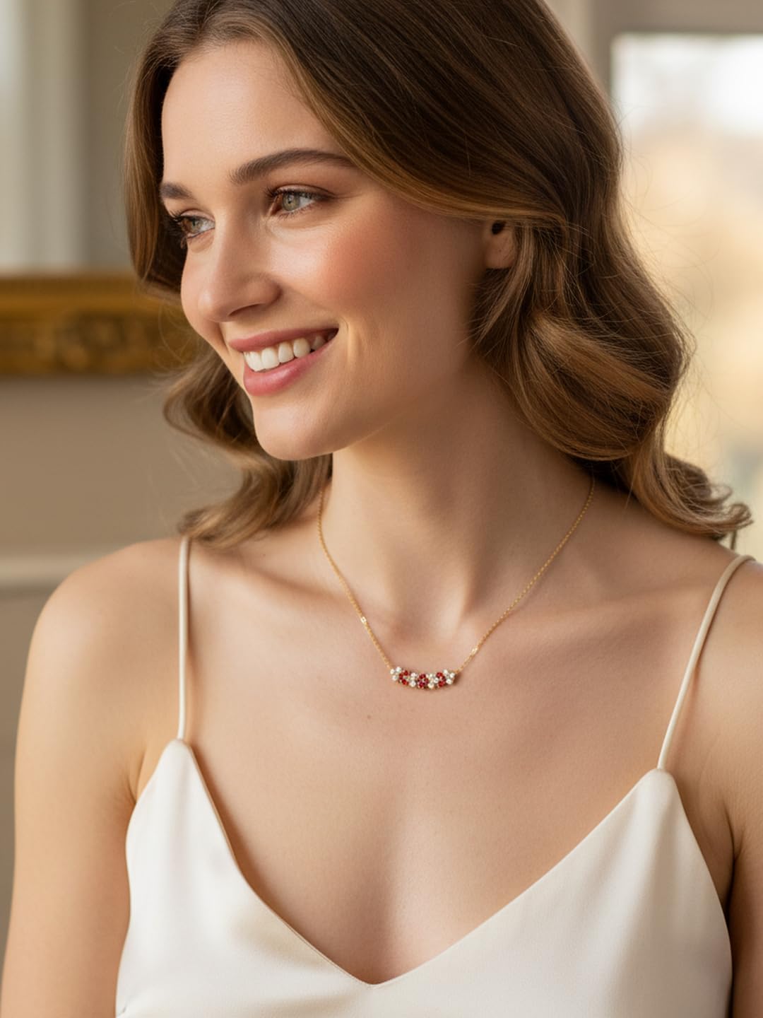 Ruby Bar Necklace for Women Grilfriend Moissanite 925 Silver Gold Plated Diamond Red Flower Floral Necklace