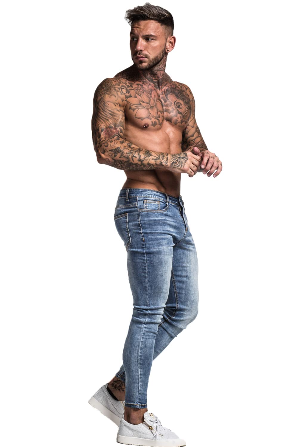 GINGTTO Skinny Jeans Men Slim Fit Stretch Blue Jeans Tapered Leg Elastic Waist 32