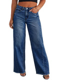 Eytino Womens Plus Size Jeans Stretchy High Waisted Casual Wide Leg Raw Hem Denim Pants with Pockets,3X Bluing