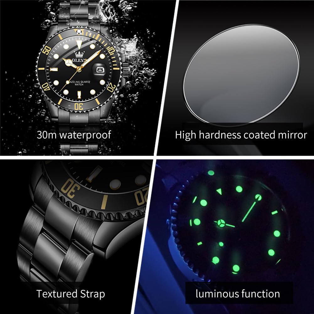 OLEVS Mens Watch, Classic Large Dial Clear Easy to Read Dress Stainless Steel Reloi para Hombre, Waterproof Watches for Men Fashion All Black Men's Watches, Mens Luxury Watch, Analog Wristwatches