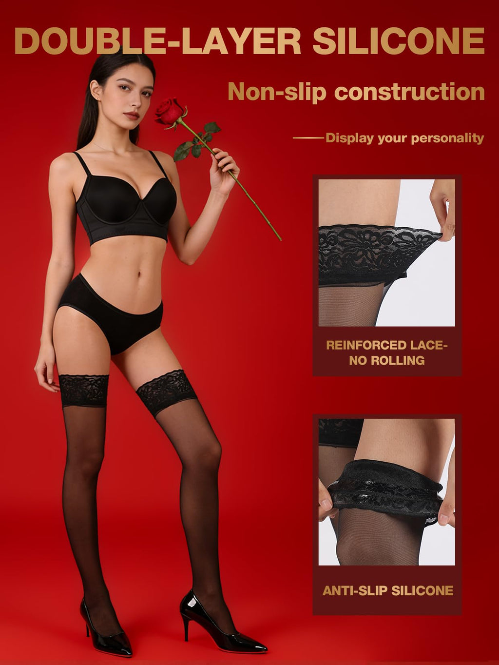 MERYLURE Non-Slip Stay Up Thigh High Stockings for Women,Reinforced Strong Lace Top Sheer Pantyhose Sexy Lingerie