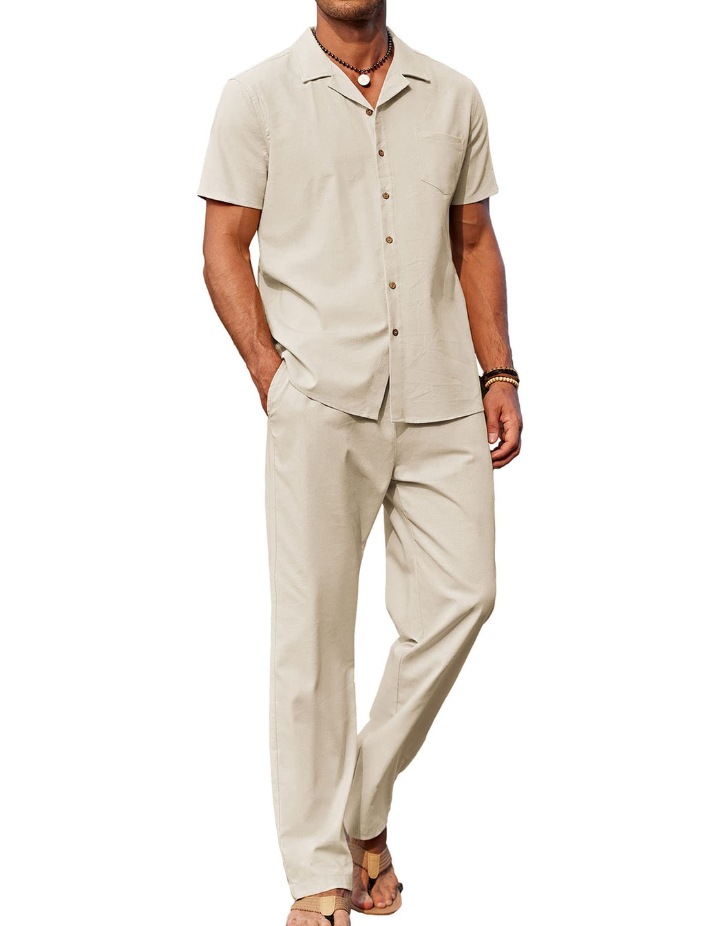 COOFANDY Men's Summer Outfits Linen Pants and Shirt Set Beach Vacation Walking Suits