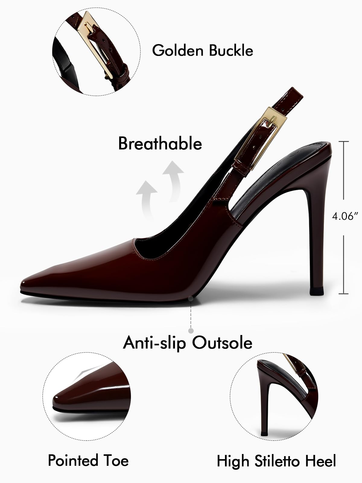 Coutgo Women's Slingback High Heels Pointed Toe Stilettos Metal Buckle Dress Party Pump Shoes, Red Brown, Size 8