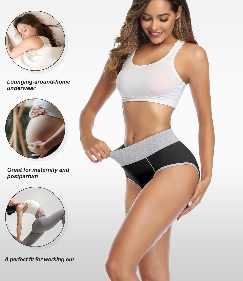 wirarpa Women's Cotton Underwear High Waist Stretch Briefs Soft Underpants Ladies Full Coverage Panties 5 Pack Black Purple White Navy Red Large