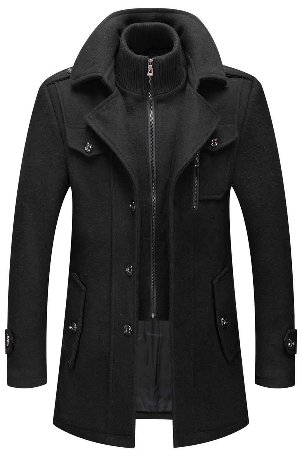 CHARTOU Men's Thermal Single Breasted Wool Blend Coat Business Peacoat with Detachable Zipper (Large,Black)