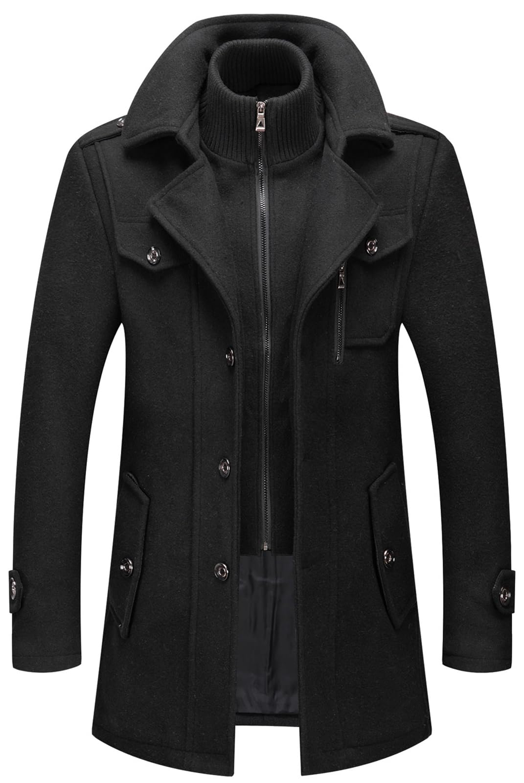 CHARTOU Men's Thermal Single Breasted Wool Blend Coat Business Peacoat with Detachable Zipper (Large,Black)