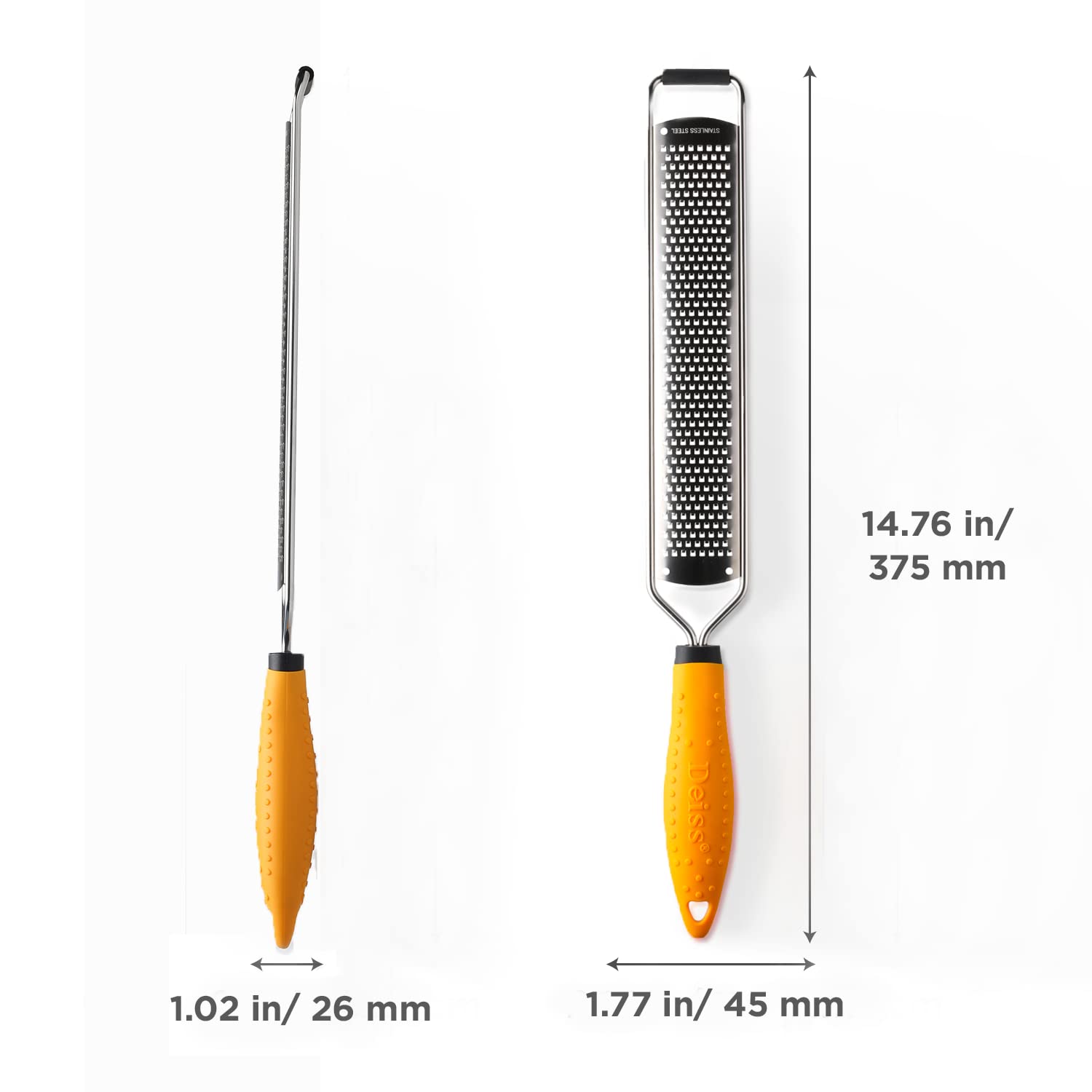 Deiss PRO Lemon Zester & Heavy Duty Cheese Grater & Vegetable Grater - Parmesan Cheese Lemon, Garlic, Nutmeg, Chocolate, Fruits, Vegetables, Ginger Grater - Cheese Shredder & Stainless Steel Grater