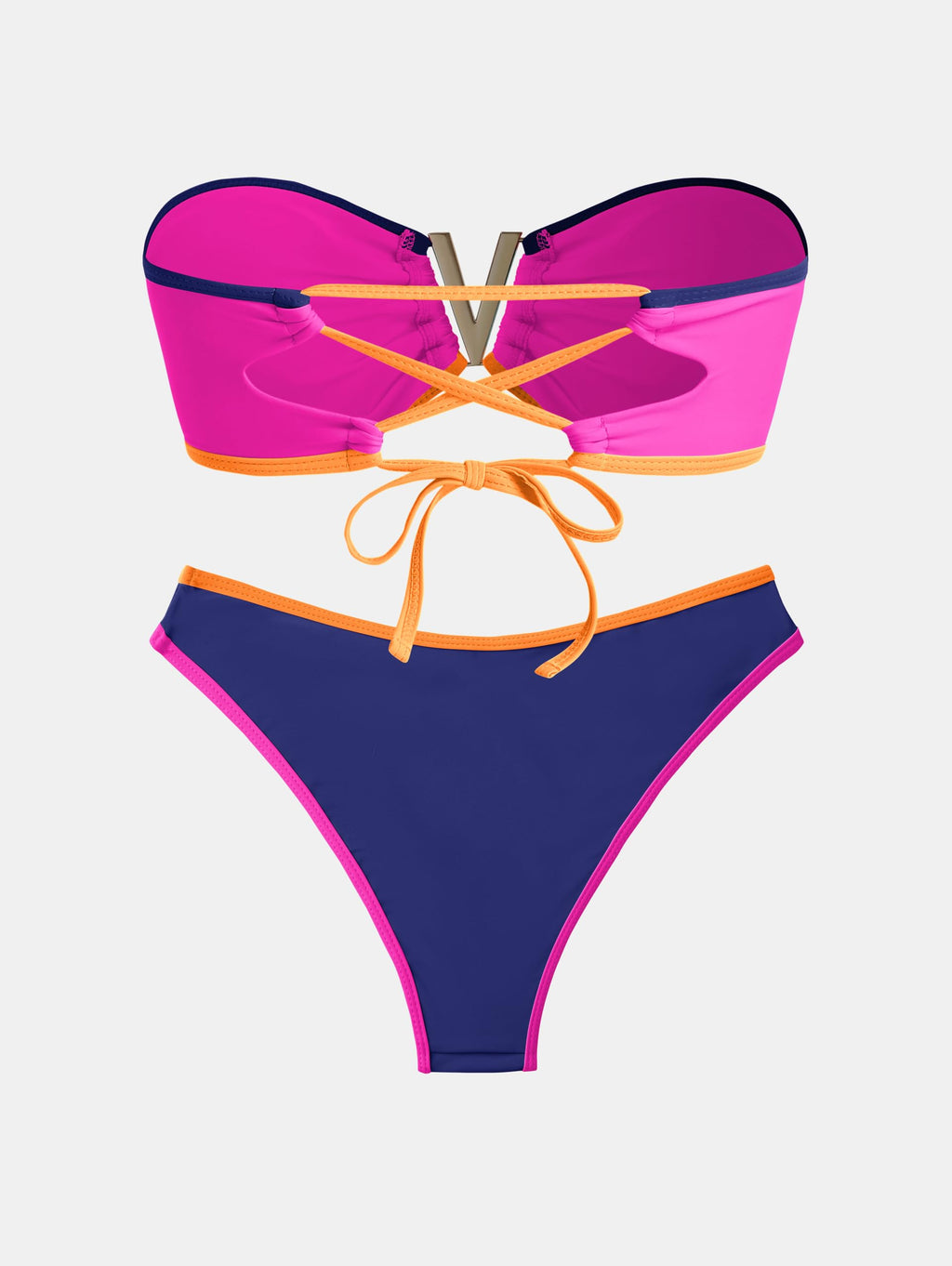 ZAFUL Women's Bandeau Bikini V Strapless Confetti Colorblock Tie Back High Cut Two Piece Swimsuit Bathing Suits (1-Navy Blue, M)