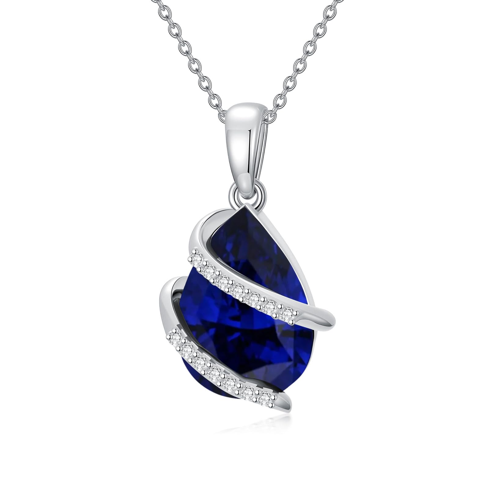 FYBIOD Pear Shaped Created Sapphire and Diamond Pendant Necklace for Women 925 Sterling Silver 2 Carat Teardrop Sapphire Necklace Birthday Gift for Her Mom