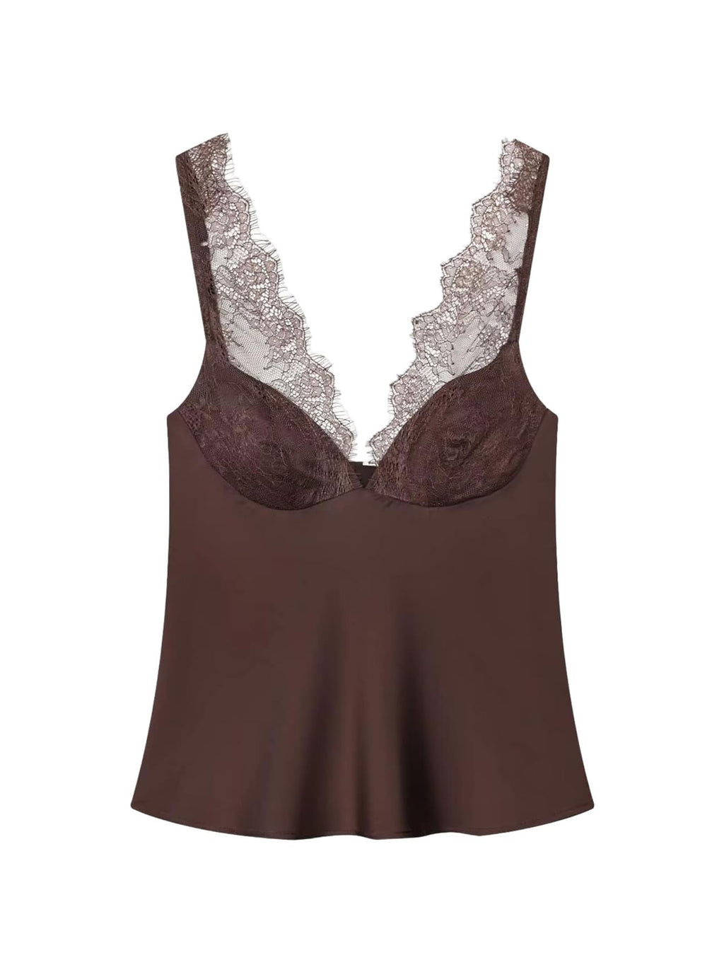 WDIRARA Women's Lace Trim Satin Blouses Elegant Sleeveless Deep V Neck Dressy Casual Tops Brown Large