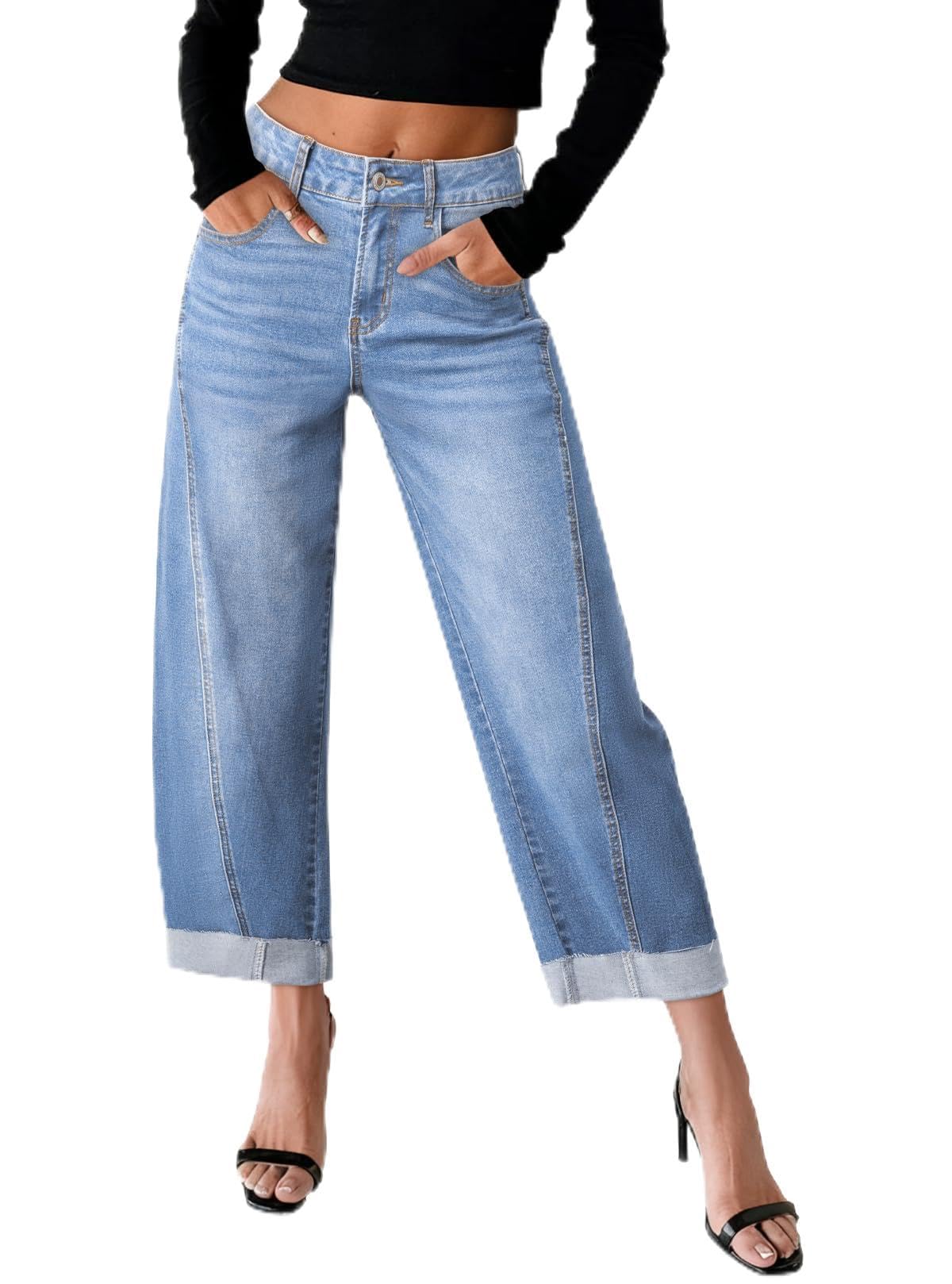 Sidefeel Women's Barrel Jeans High Waisted Wide Leg Capri Baggy Boyfriend Denim Pants Size 14 Sky Blue