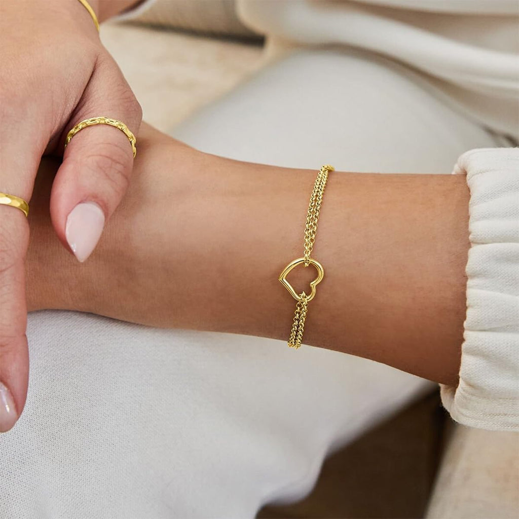 Bheop Bracelets for Women 14K Real Gold Plated Bracelet Dainty Love Heart Charm Pendant Stackable Link Chain Hypoallergenic Body Jewelry Cute Trendy Gifts
