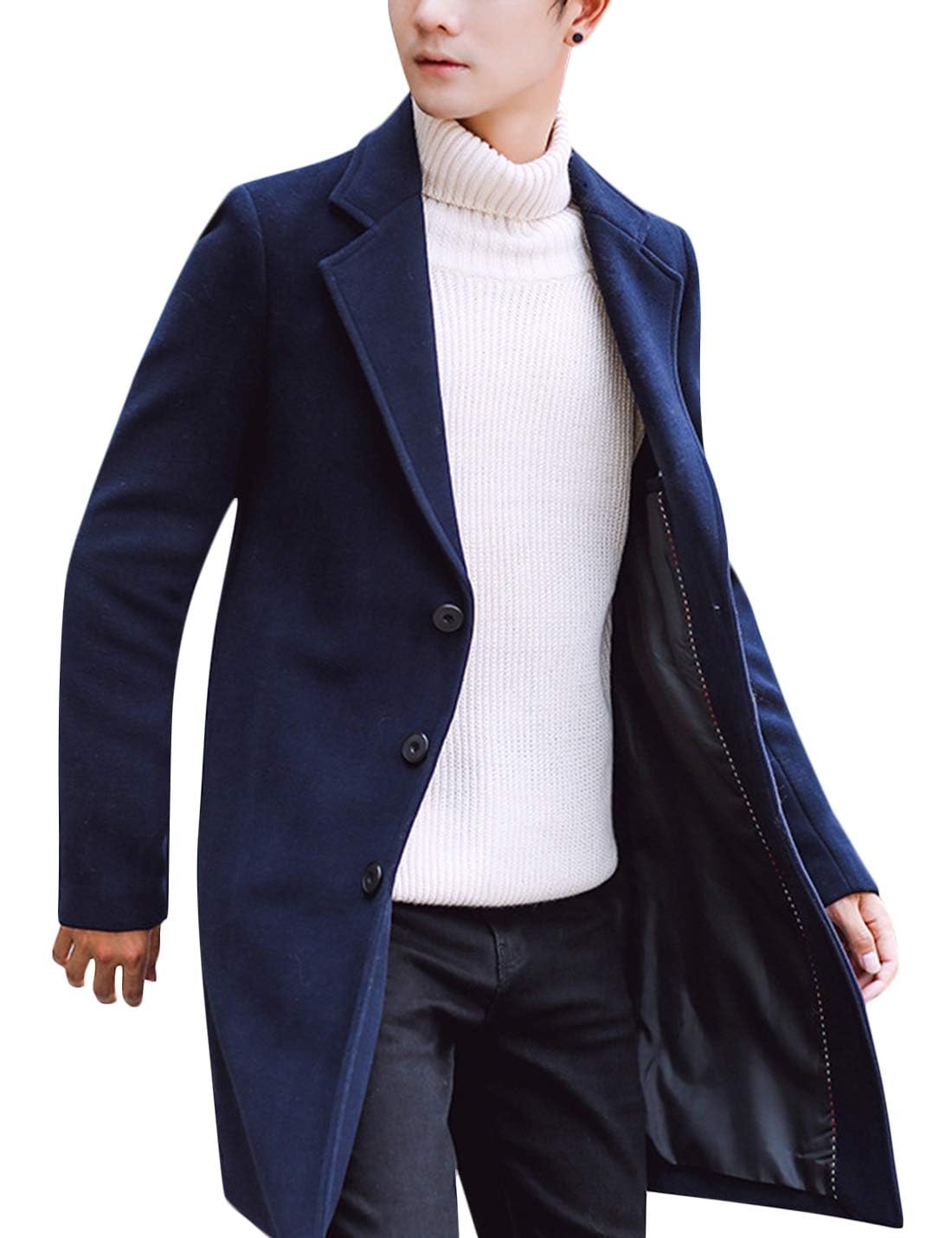 Springrain Men's Wool Blend Pea Coat Notched Collar Single Breasted Overcoat Warm Winter Trench Coat(Navy-S)