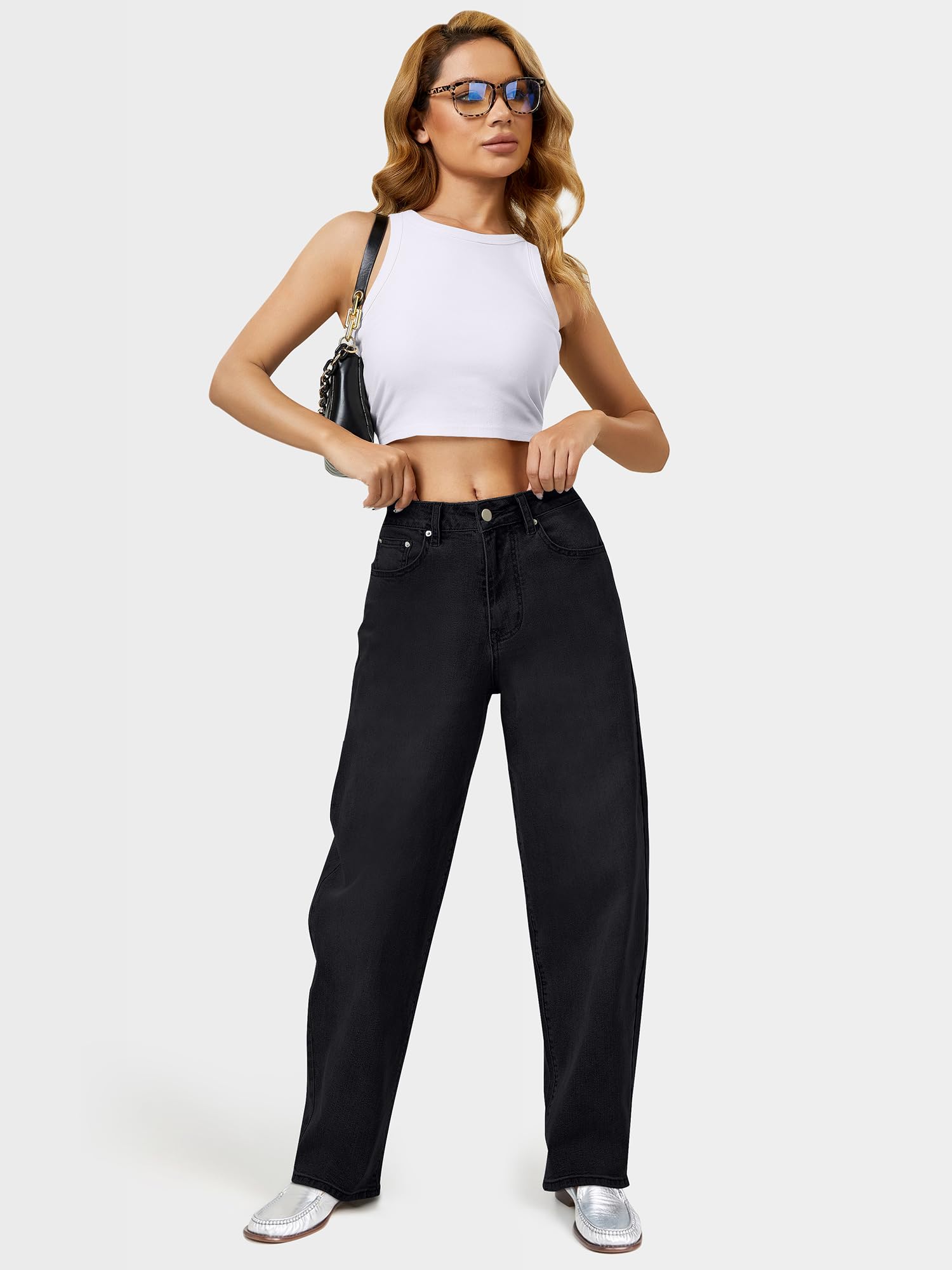 AUWUKA Barrel Jeans for Women, High Waisted Wide Straight Leg Boyfriend Microelastic Womens Mom Jeans Black