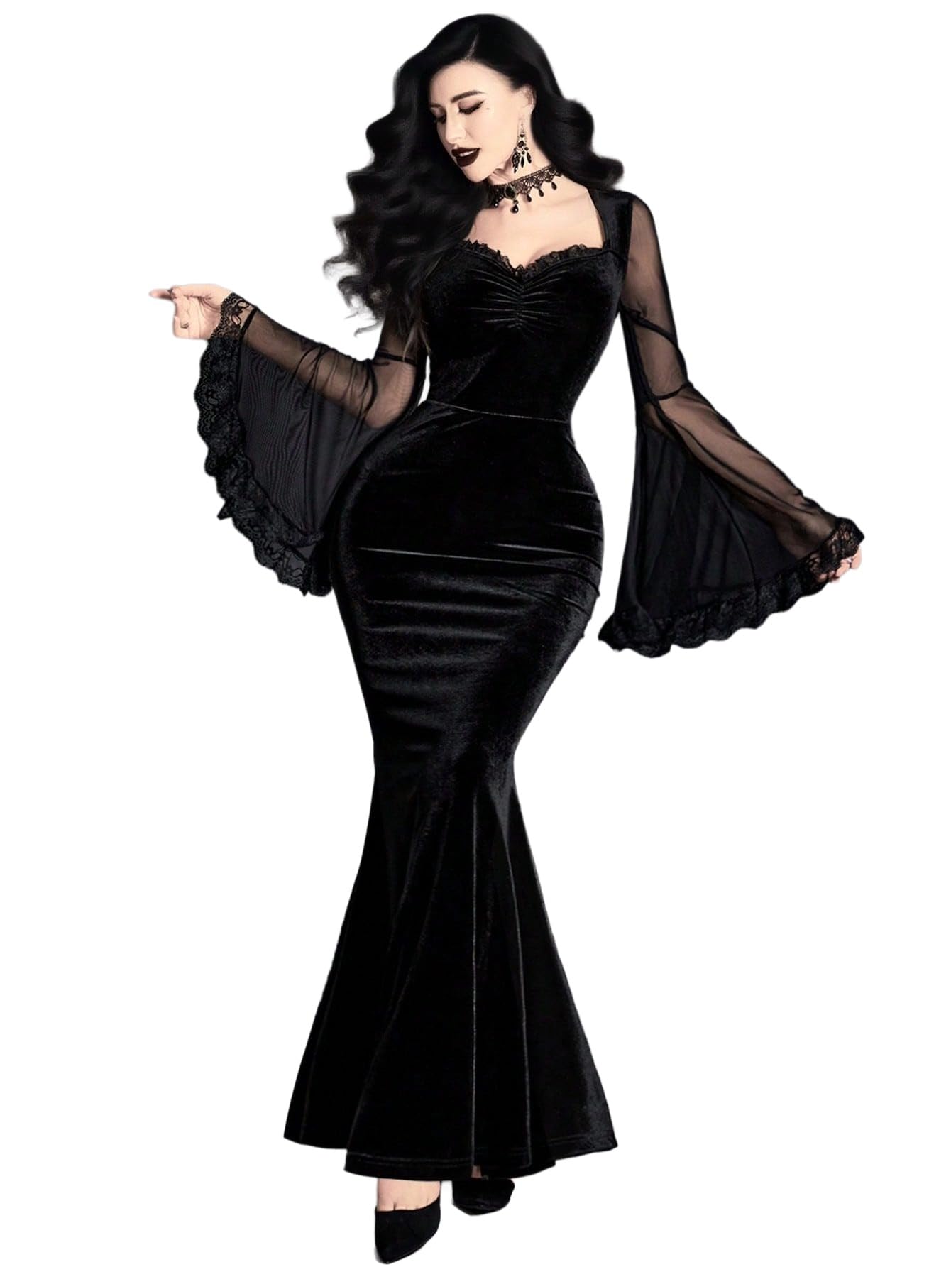 GothDark Women's Goth Dress Black Velvet Mermaid Mesh Bell Sleeve Lace Trim Sexy Vintage Cosplay Party Dresses