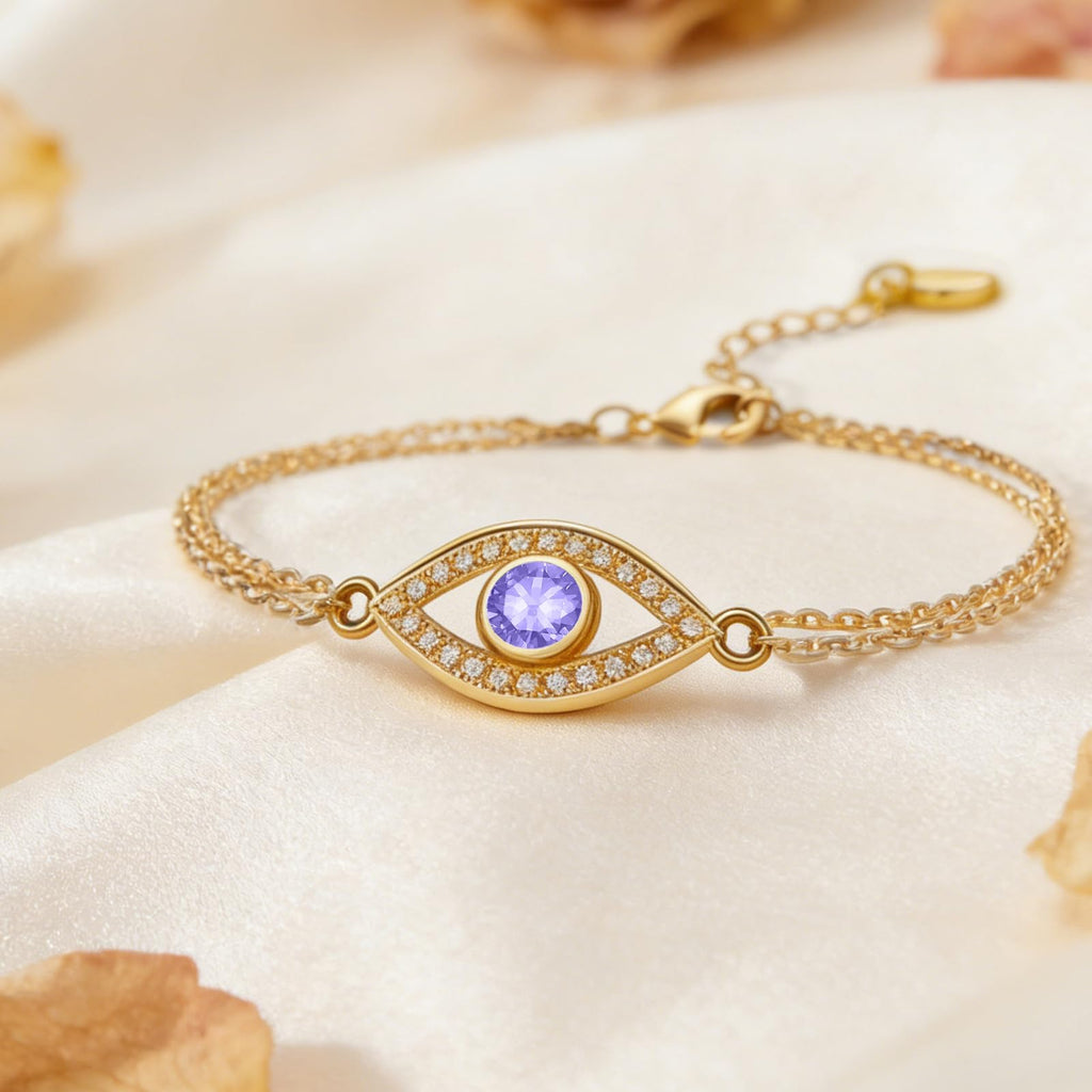 Midari June Light Violet Gemstone Birthstone Double Chain Bracelet for Women 18K Gold Plating Evil Eye Jewelry Birthday Gifts for Wife Her Daughter Mom