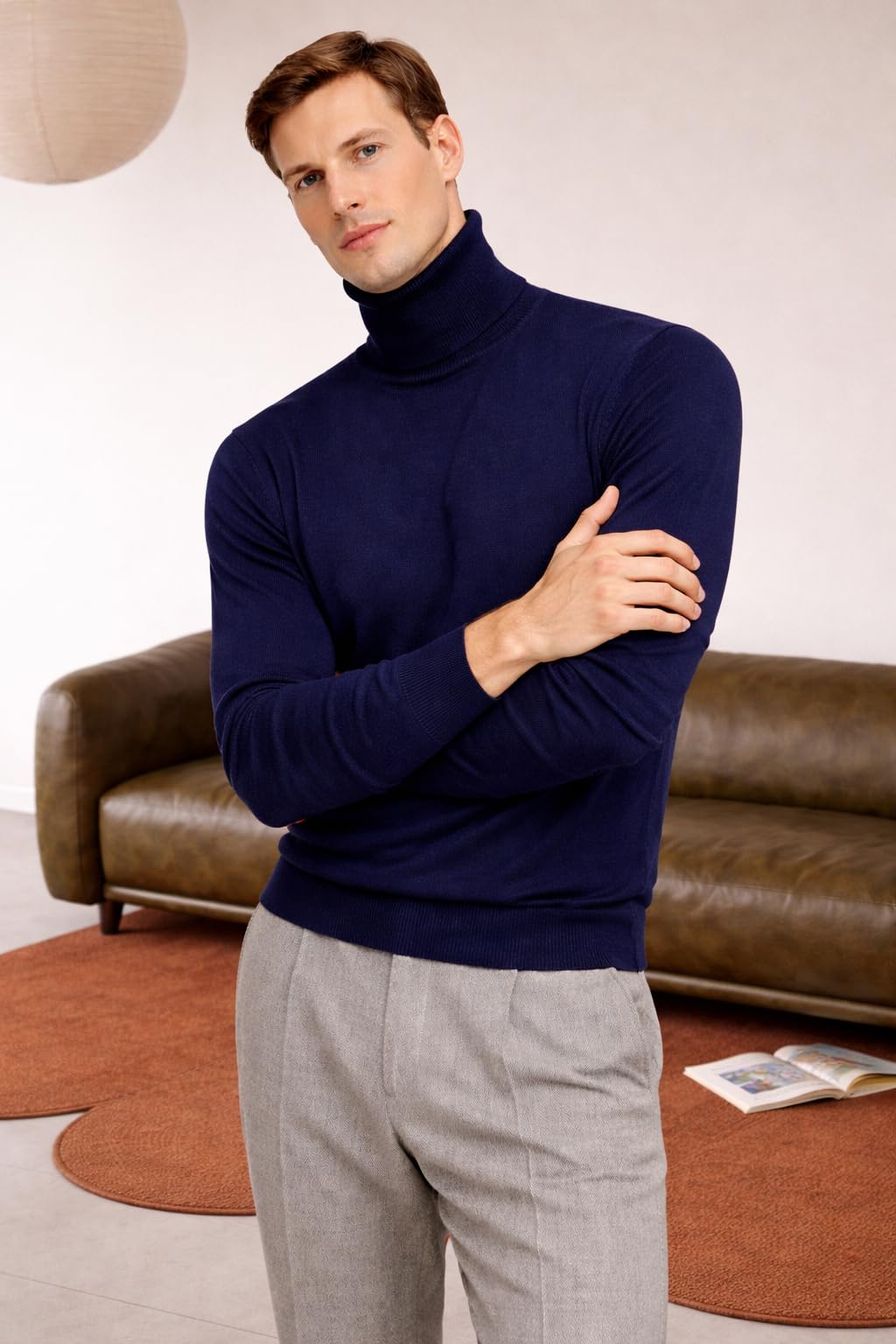 State Cashmere Men's Essential Turtleneck Sweater 100% Pure Cashmere Classic Long Sleeve Pullover (Navy, Large)