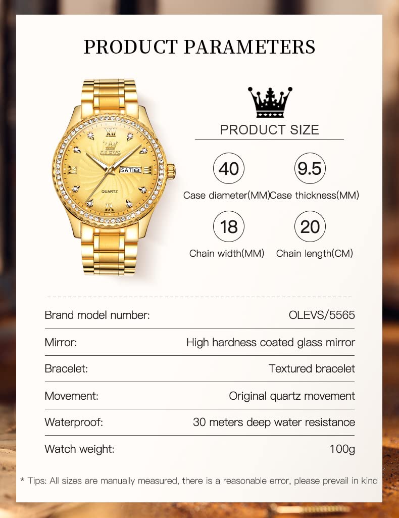 OLEVS Men Gold Watches Luxury Diamond Stainless Steel Large Watches Business Dress Waterproof Luminous Date Wrist Watch for Men