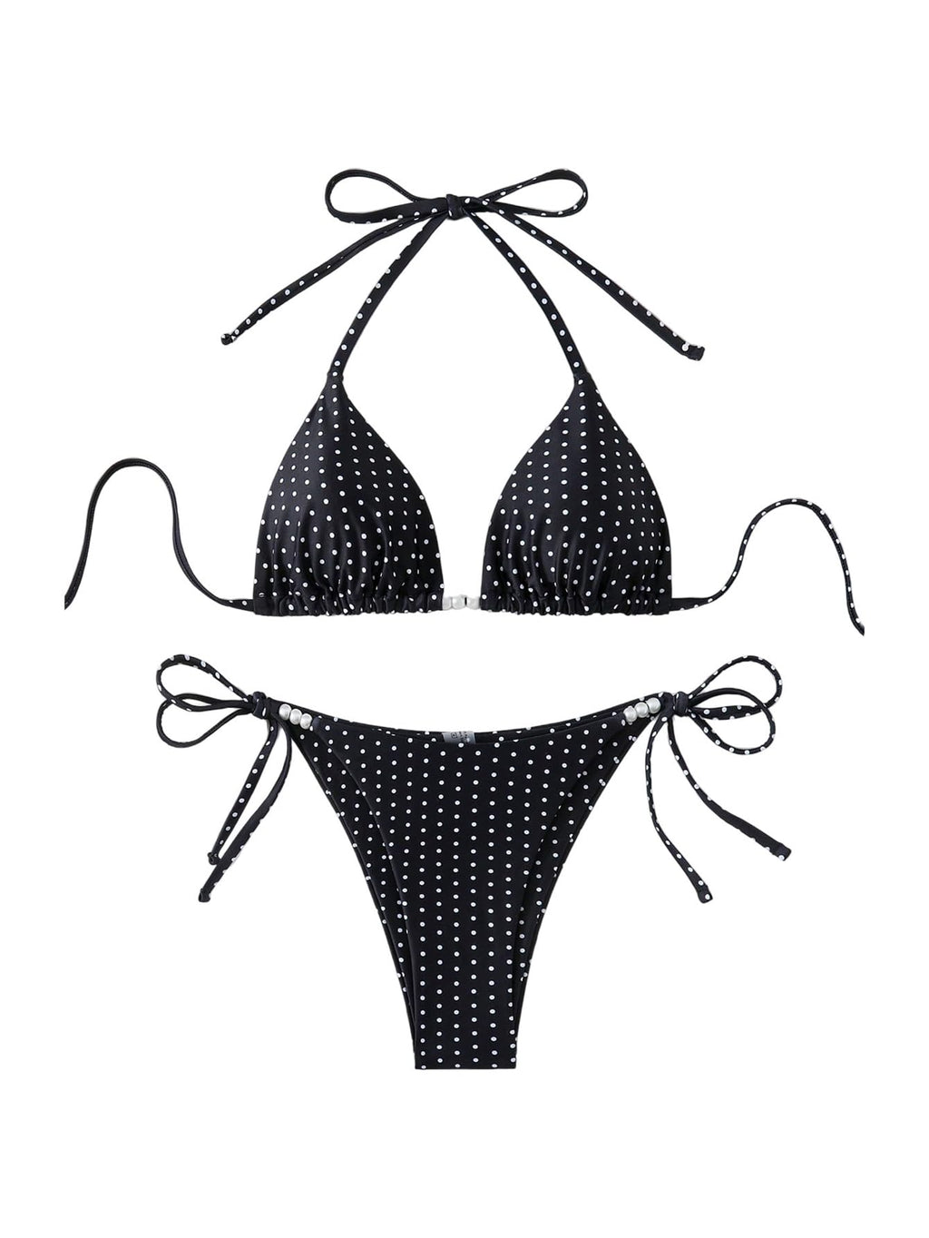 WDIRARA Women's Polka Dots Bikini Sets Halter Triangle String Swimsuit Tie Side 2 Piece Bathing Suit Black and White Medium
