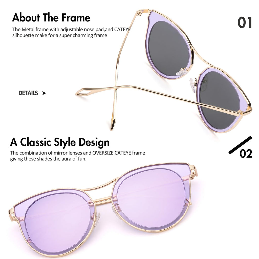 SIPHEW Womens Oversized Cat Eye Mirrored Sunglasses Polarized - Trendy Large Fashion Shades with UV400 Protection for Women
